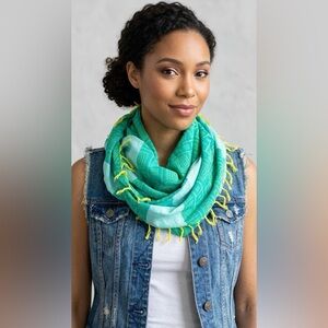 American Eagle Green and Yellow Patterned Infinity Scarf with Fringe